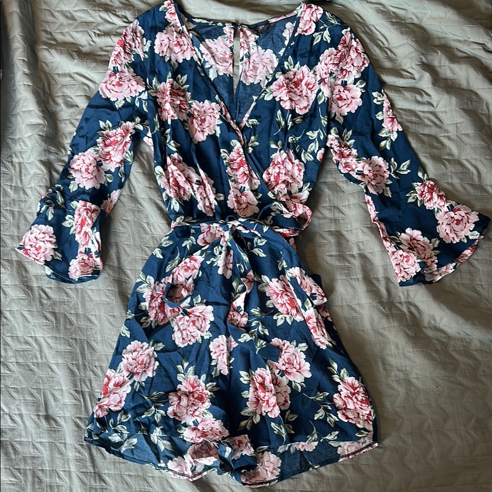Topshop Navy and Pink Floral Wrap Dress